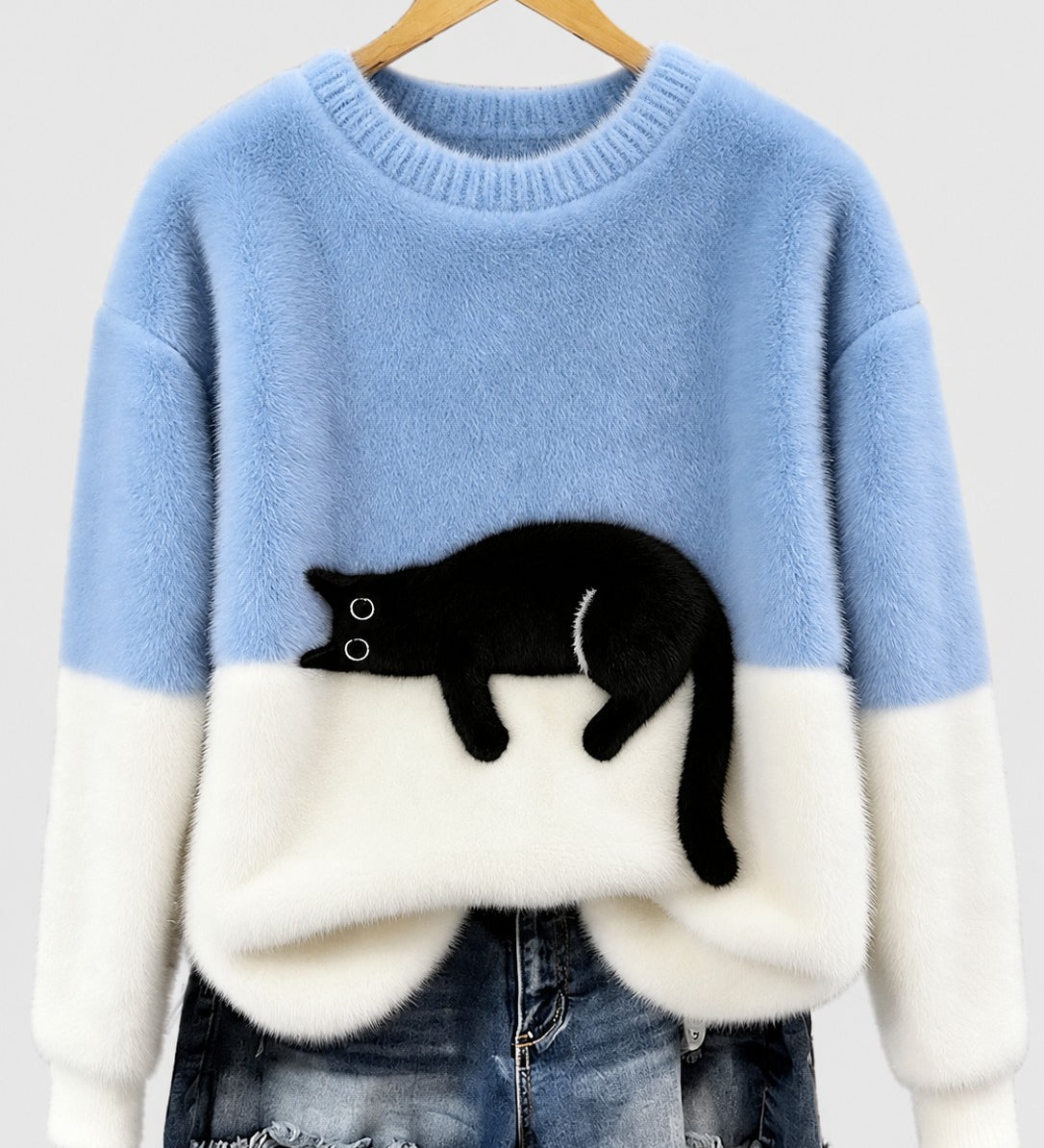 Clíona Fluffy Cat Colour Block Jumper in Light Blue
