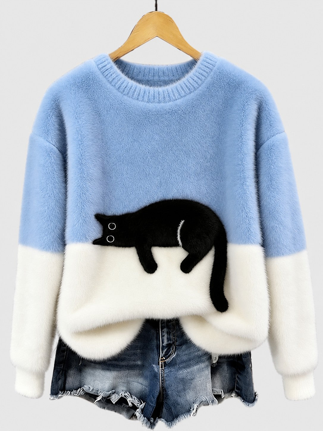 Clíona Fluffy Cat Colour Block Jumper in Light Blue