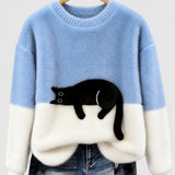 Clíona Fluffy Cat Colour Block Jumper in Light Blue