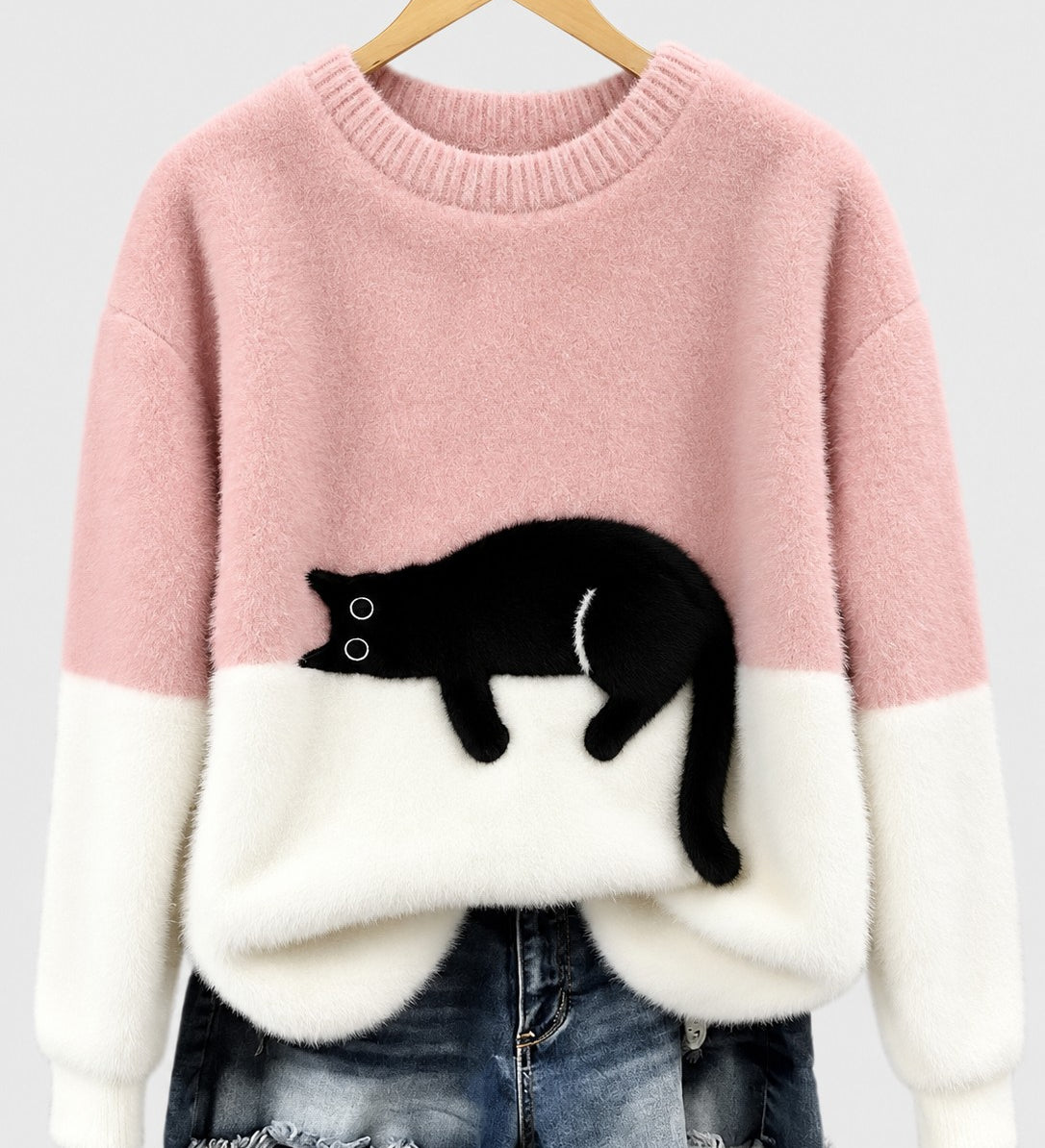 Clíona Fluffy Cat Colour Block Jumper in Pink