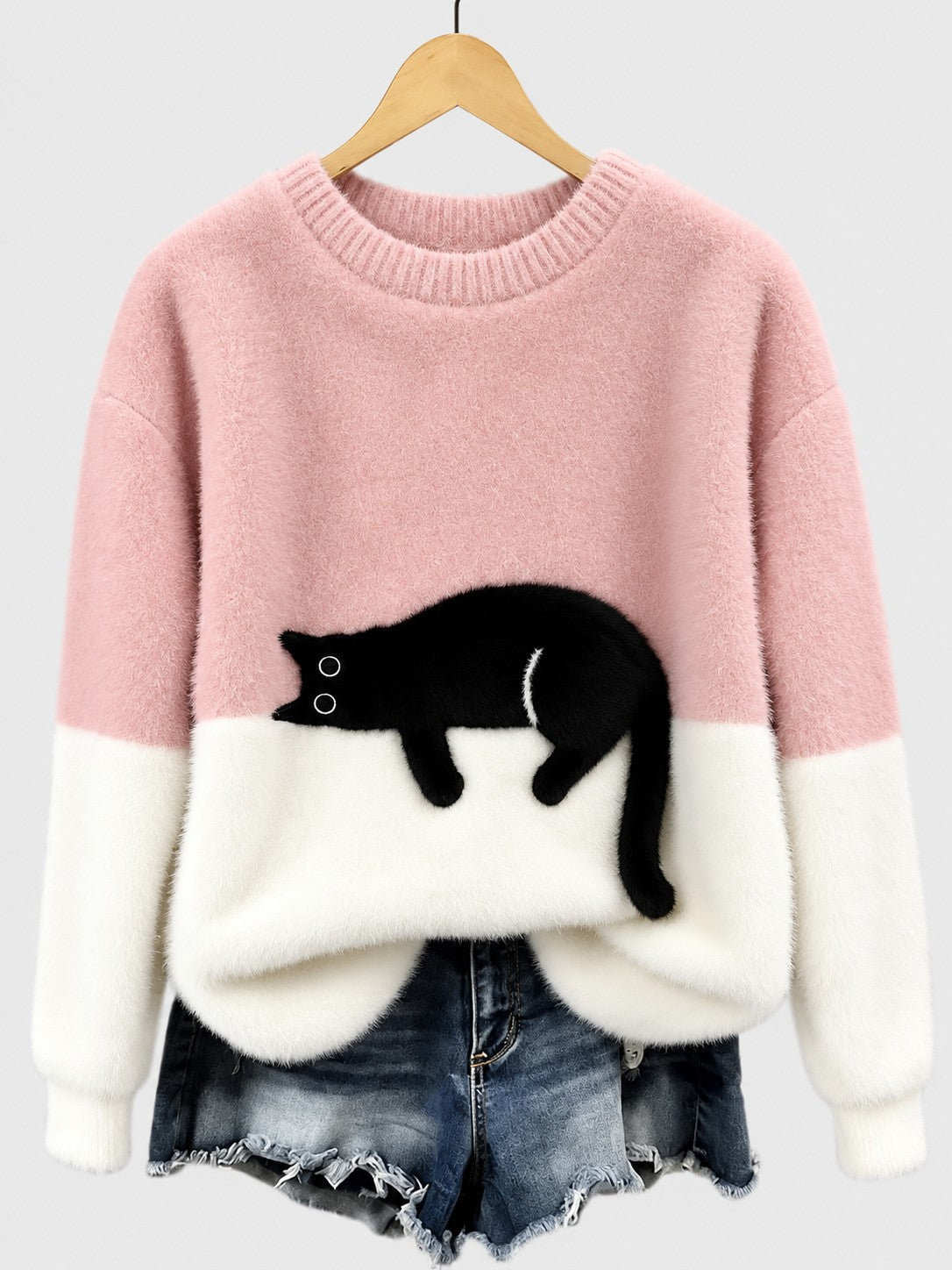 Clíona Fluffy Cat Colour Block Jumper in Pink