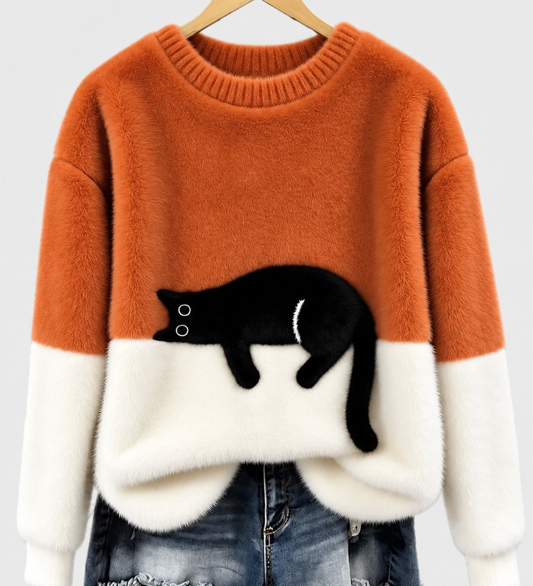 Clíona Fluffy Cat Colour Block Jumper in Orange