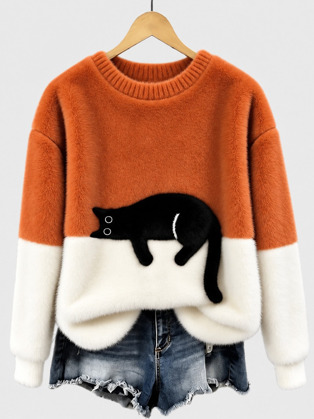 Clíona Fluffy Cat Colour Block Jumper in Orange