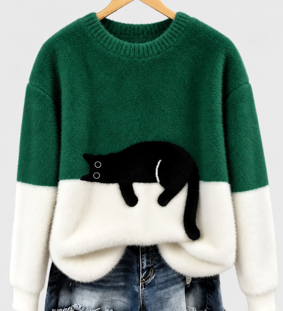 Clíona Fluffy Cat Colour Block Jumper in Green