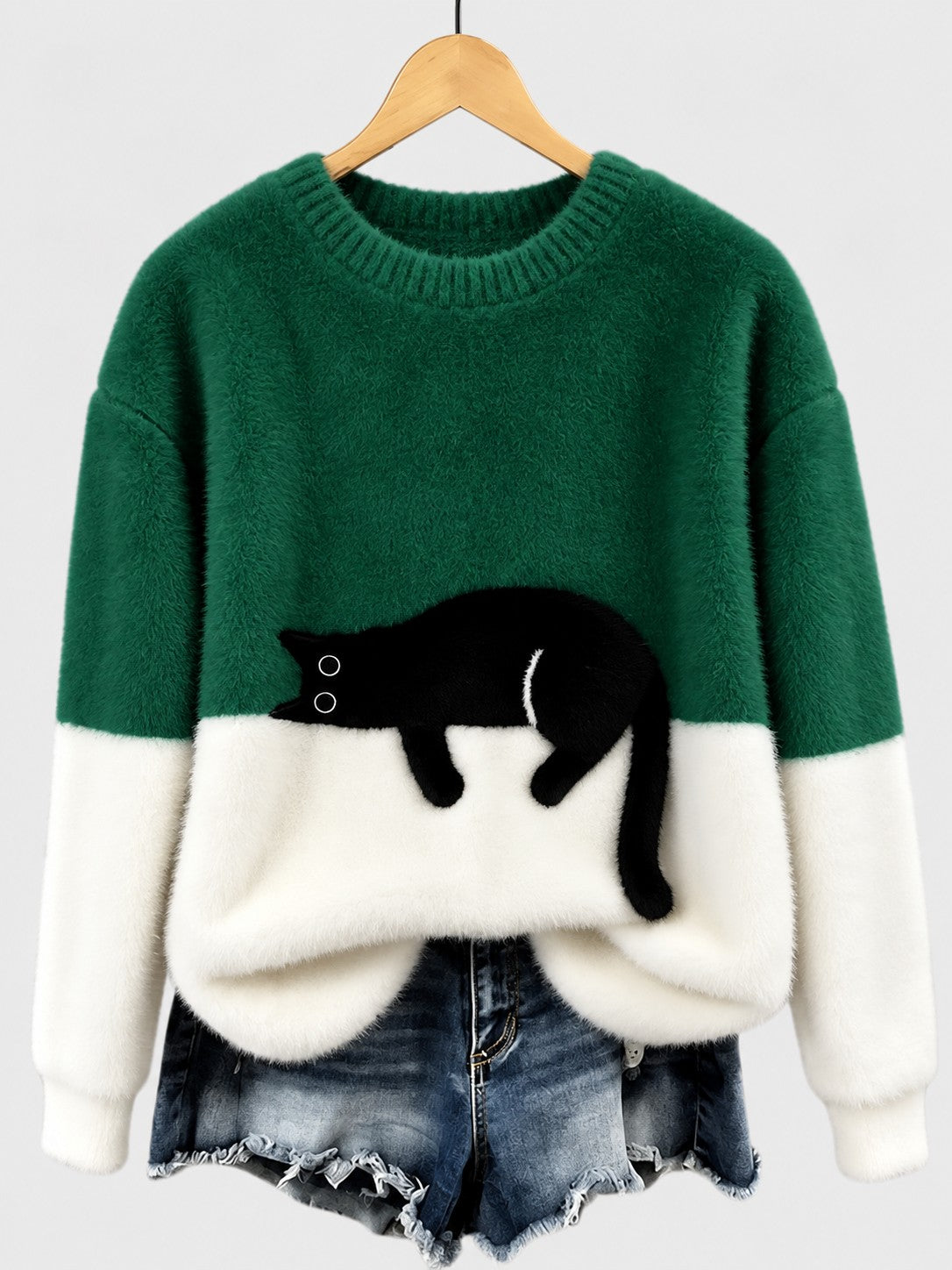 Clíona Fluffy Cat Colour Block Jumper in Green