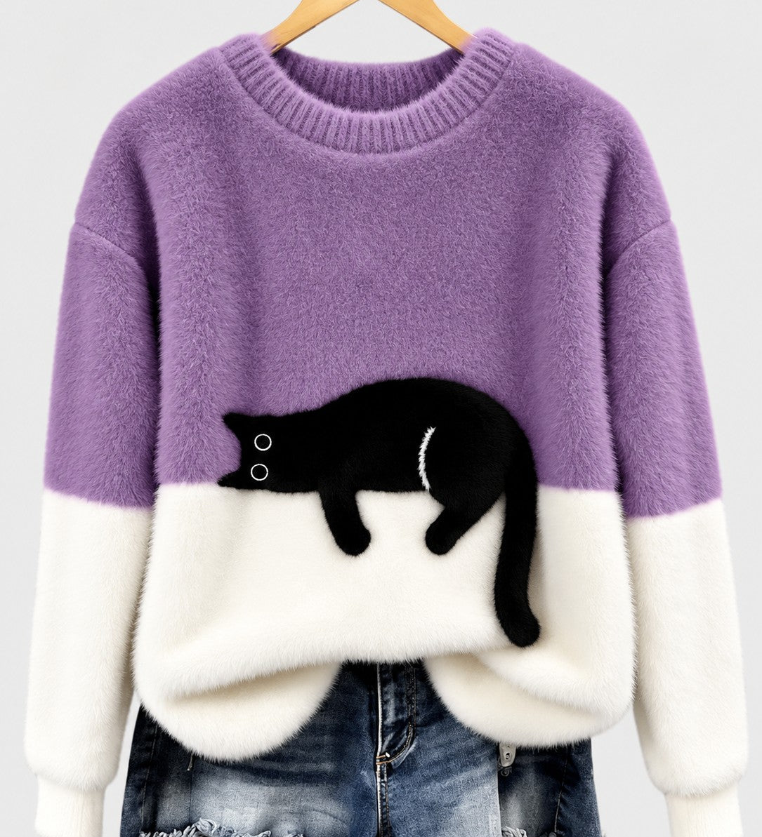 Clíona Fluffy Cat Colour Block Jumper in Purple
