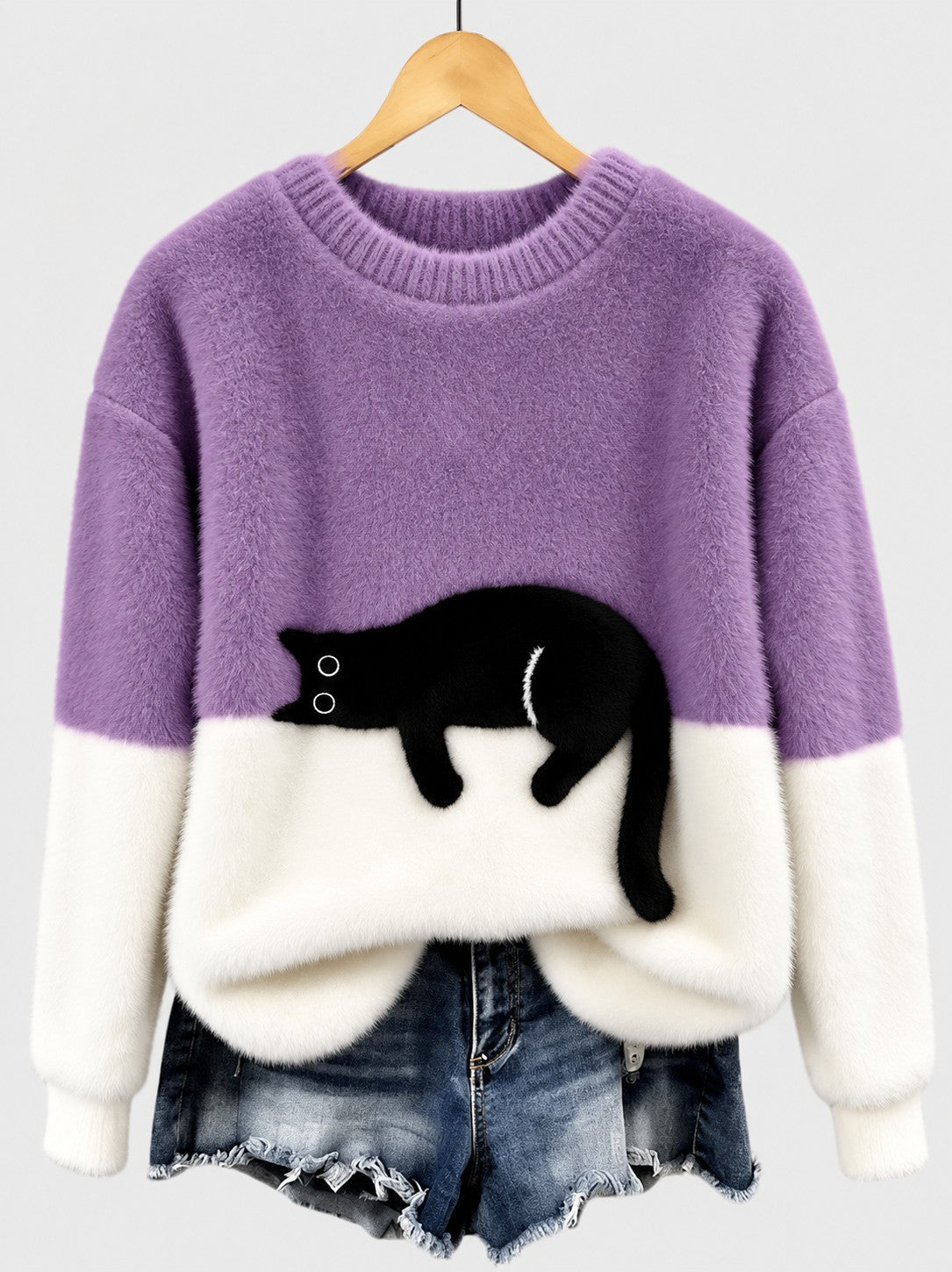 Clíona Fluffy Cat Colour Block Jumper in Purple