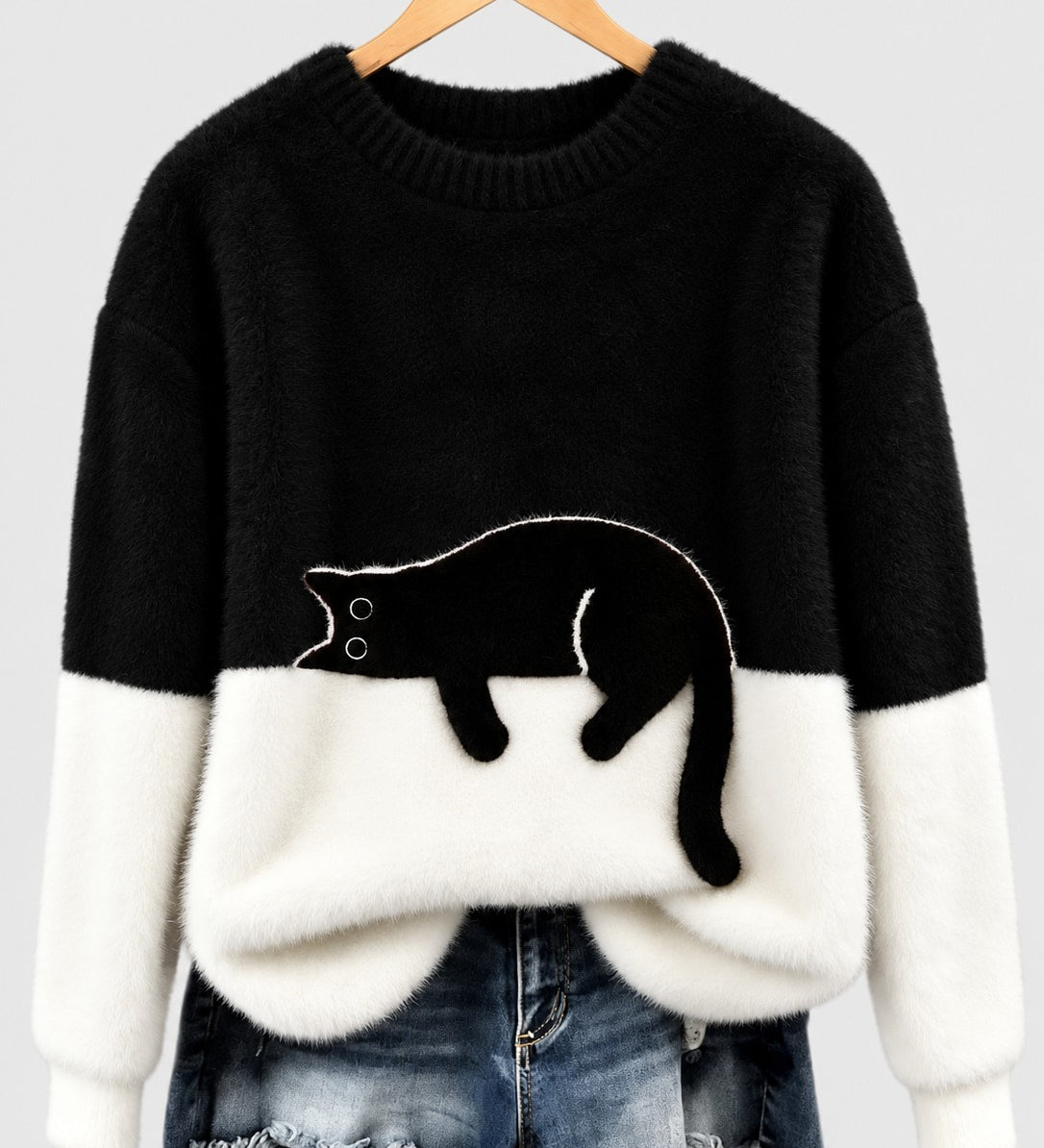 Clíona Fluffy Cat Colour Block Jumper in Black