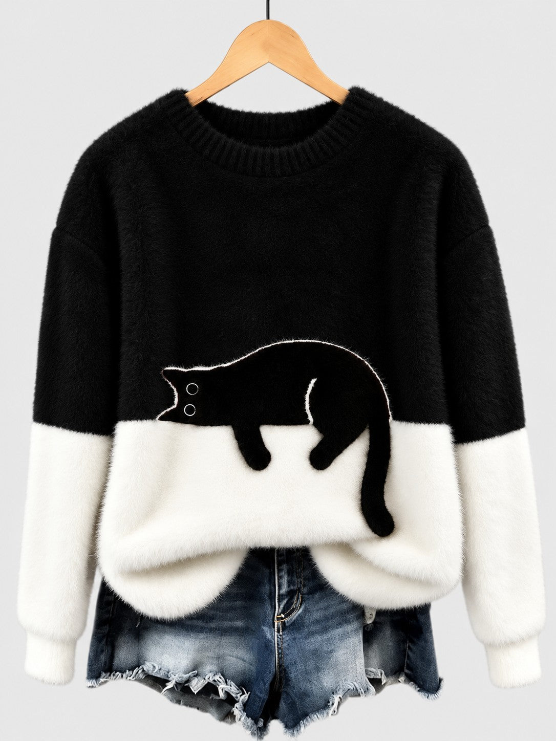 Clíona Fluffy Cat Colour Block Jumper in Black