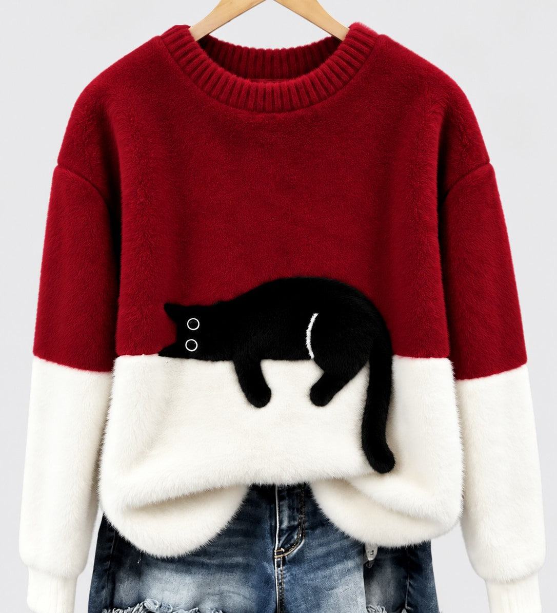 Clíona Fluffy Cat Colour Block Jumper in Red