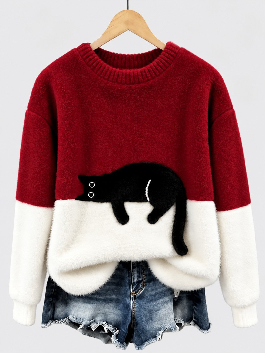 Clíona Fluffy Cat Colour Block Jumper in Red