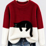 Clíona Fluffy Cat Colour Block Jumper in Red
