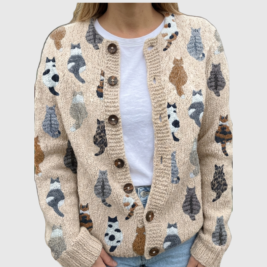 Nola Cat Print Cardigan - Charlotte & Willow, front view