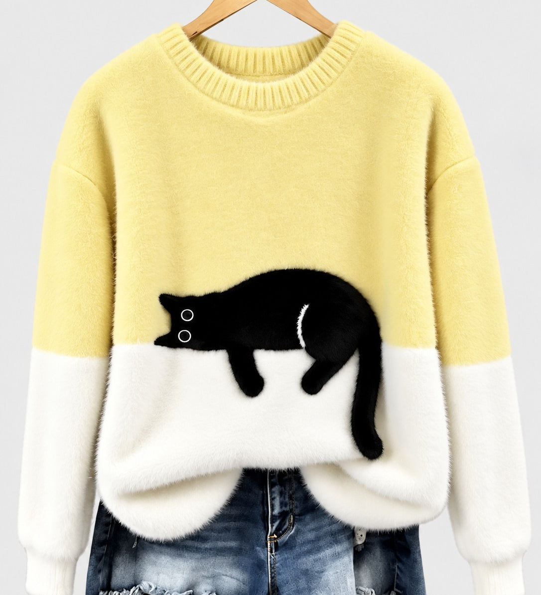 Clíona Fluffy Cat Colour Block Jumper in Yellow