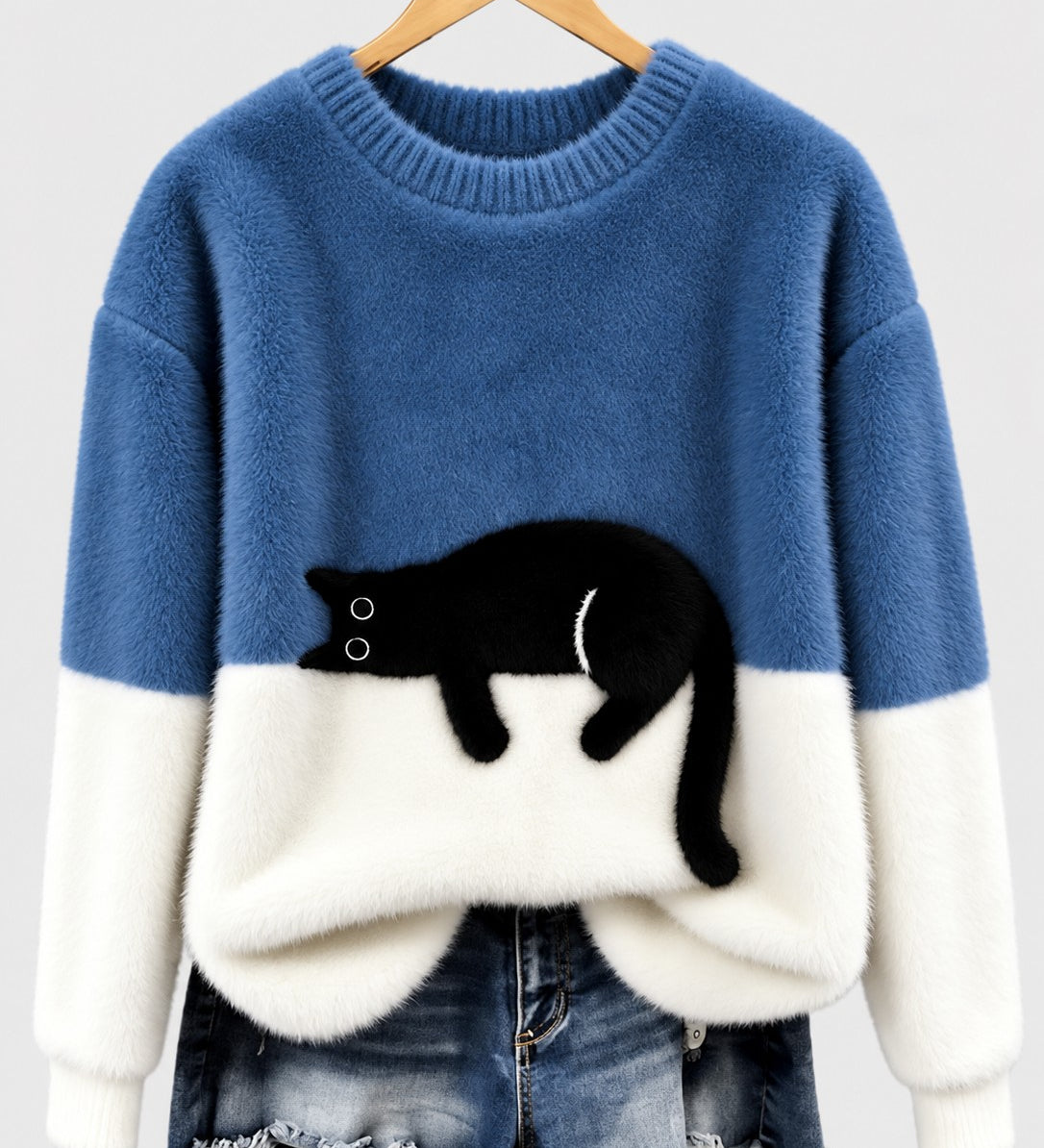 Clíona Fluffy Cat Colour Block Jumper in Blue