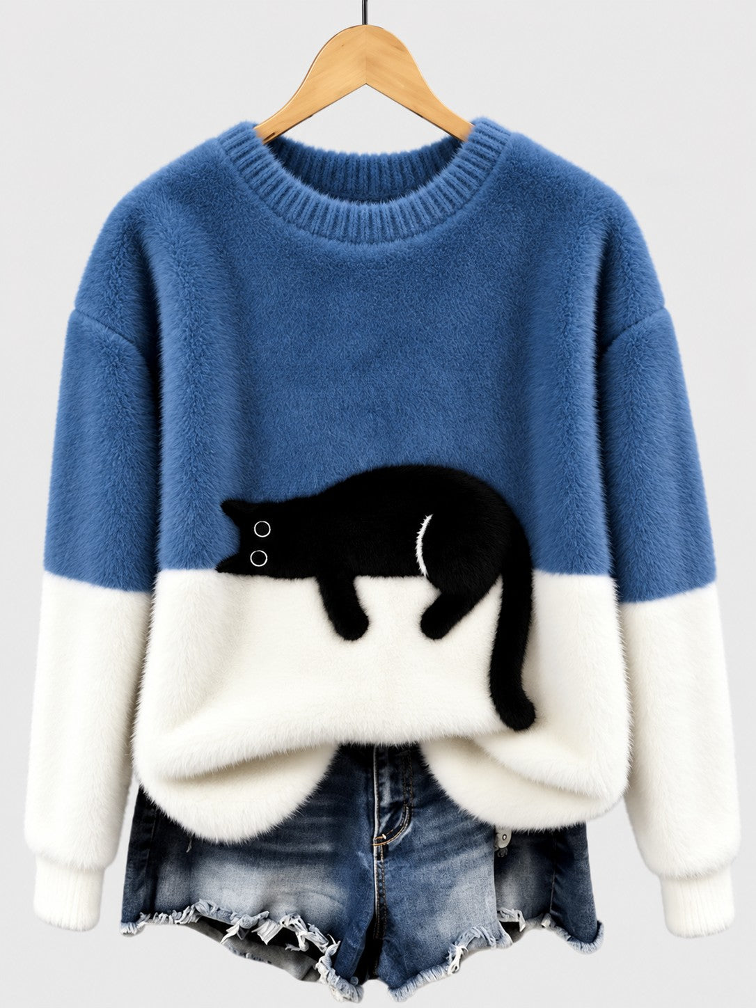 Clíona Fluffy Cat Colour Block Jumper in Blue