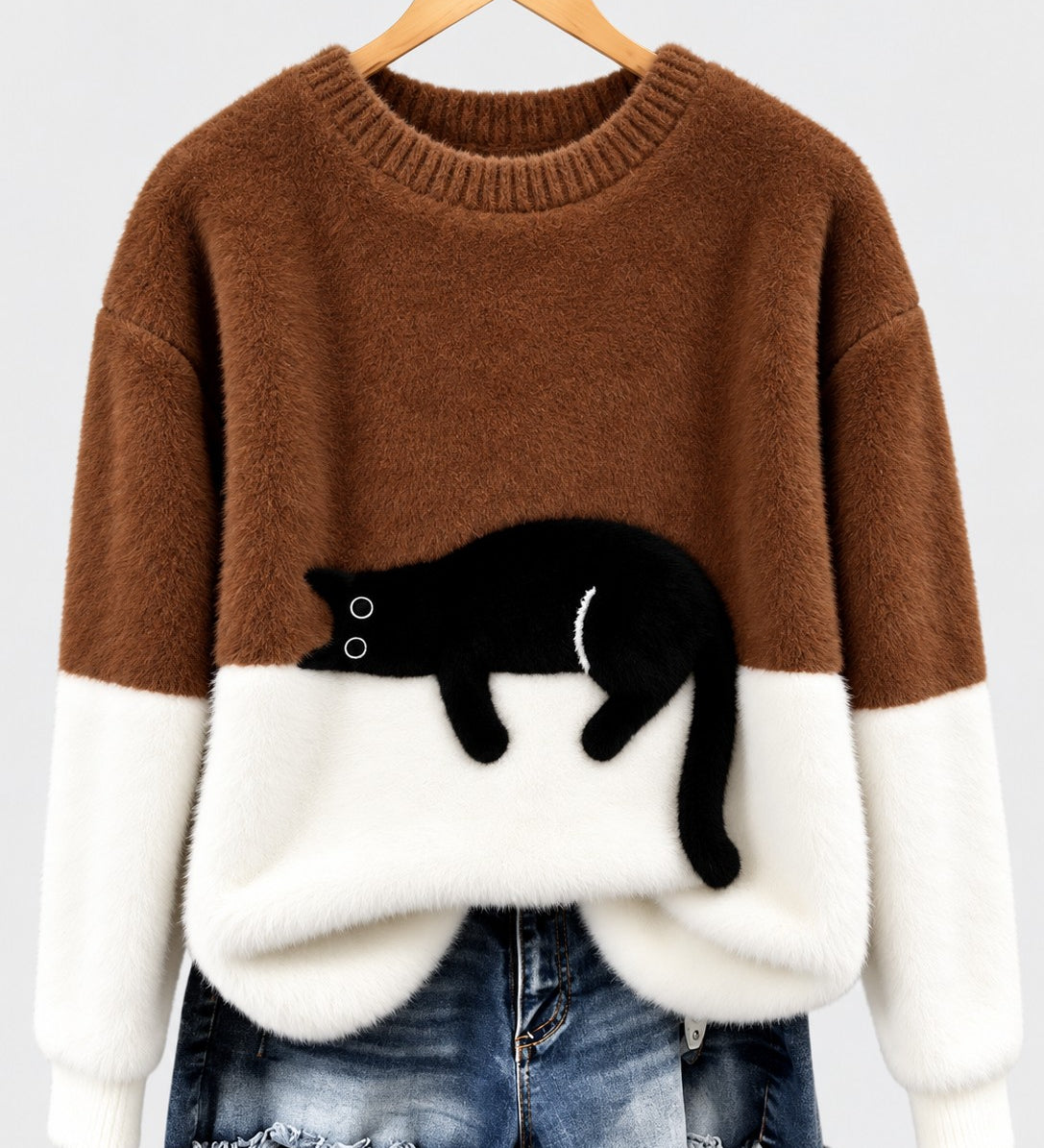 Clíona Fluffy Cat Colour Block Jumper in Brown