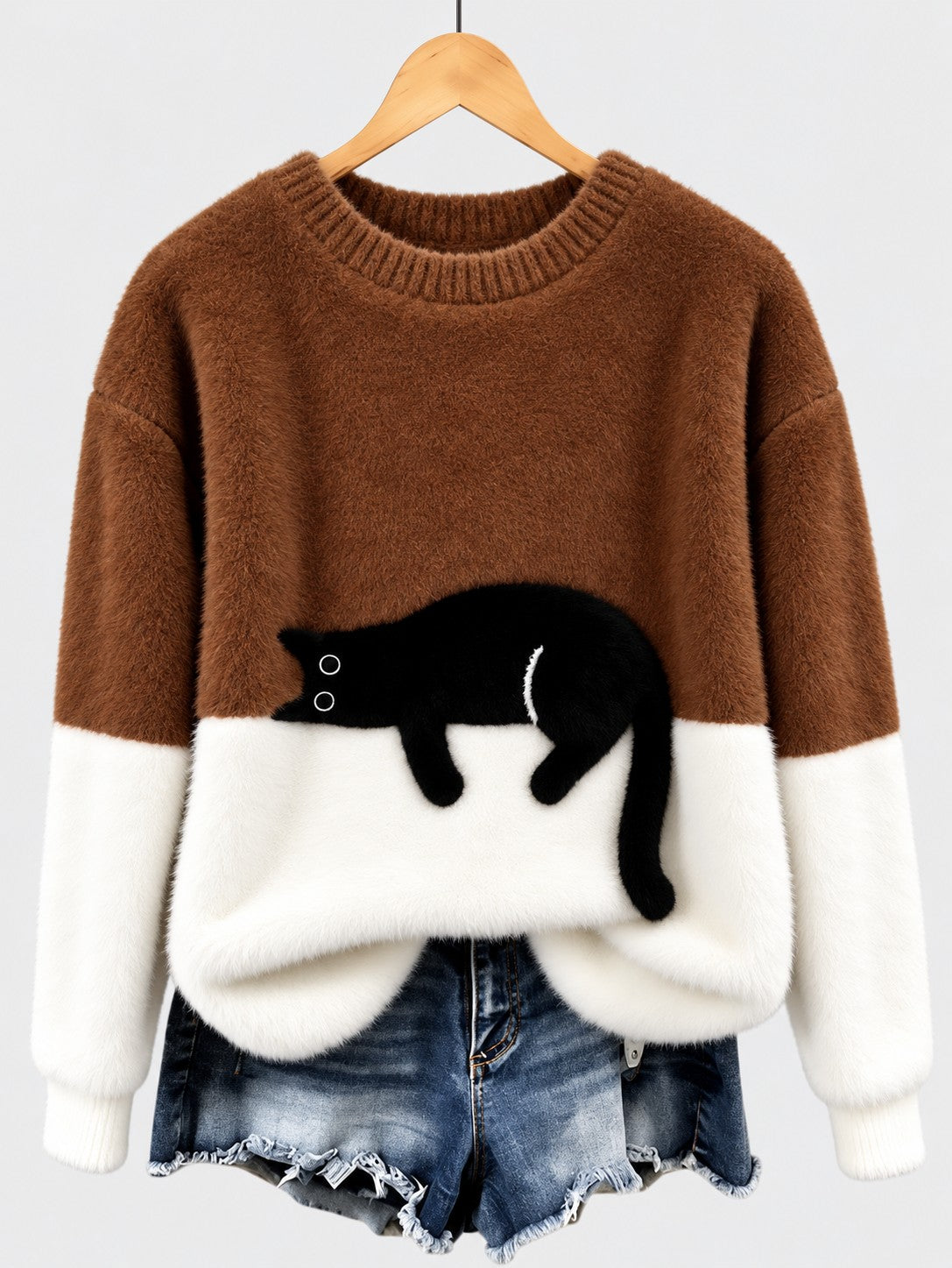 Clíona Fluffy Cat Colour Block Jumper in Brown