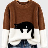 Clíona Fluffy Cat Colour Block Jumper in Brown