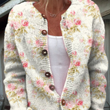 Fresh Pink Flowers and Green Leaves Print | Buttoned Cardigan Sweater
