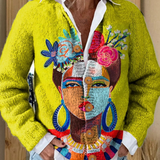 Oil Painting Freda Portrait Art Printed | Buttoned Cardigan Sweater
