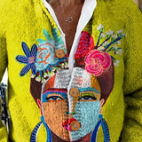 Oil Painting Freda Portrait Art Printed | Buttoned Cardigan Sweater