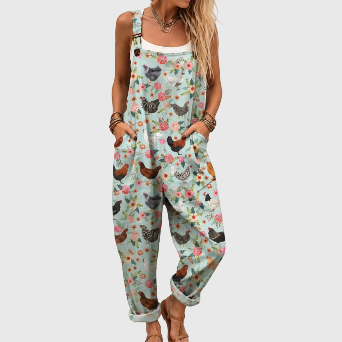 Soft Floral Jumpsuit with Chicken Pattern and Pockets - Charlotte & Willow