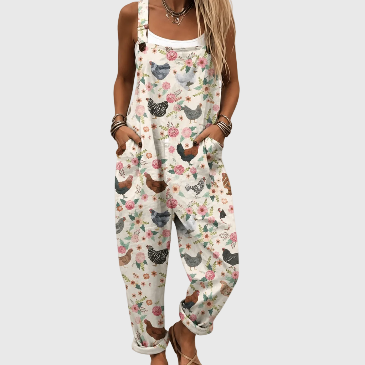 Soft Vintage Dungarees with Chickens and Flowers - Charlotte & Willow