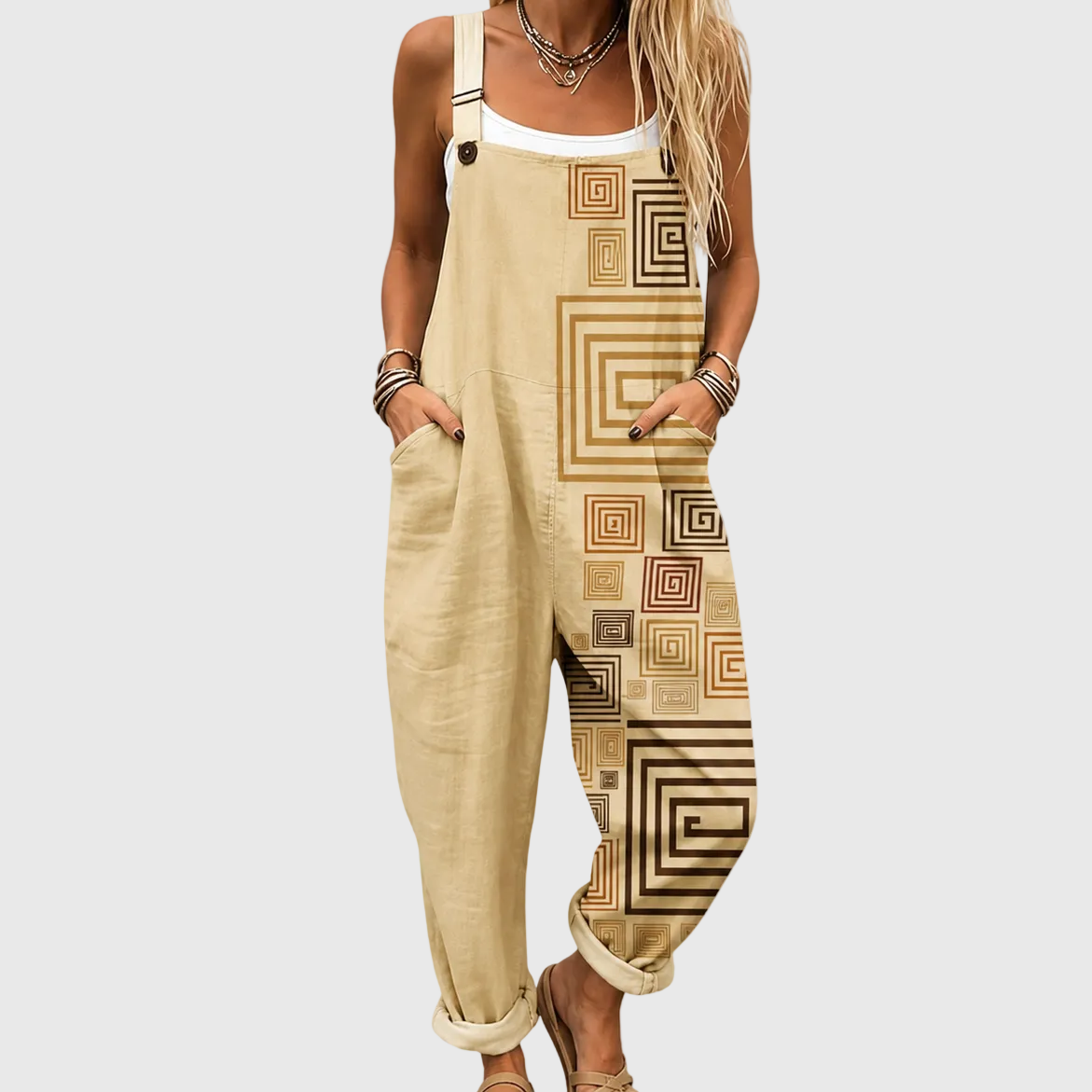 Beige Jumpsuit with Geometric Pattern - Charlotte & Willow