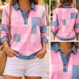 Casual Patchwork Button V-Neck Long Sleeve Top