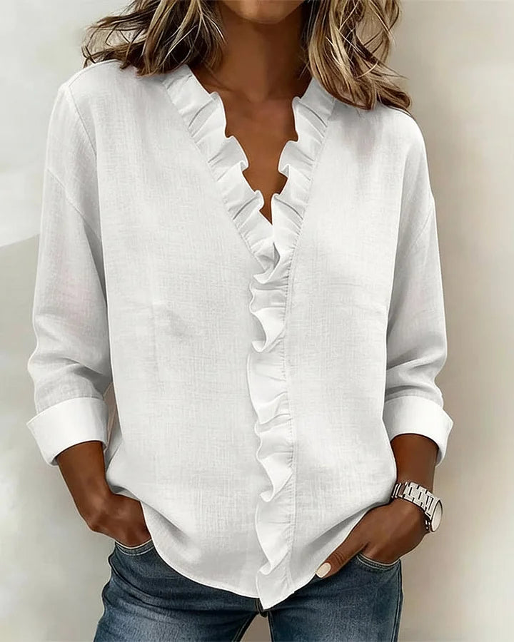Eleanora | Blouse with Ruffles, V-Neck and Long Sleeves