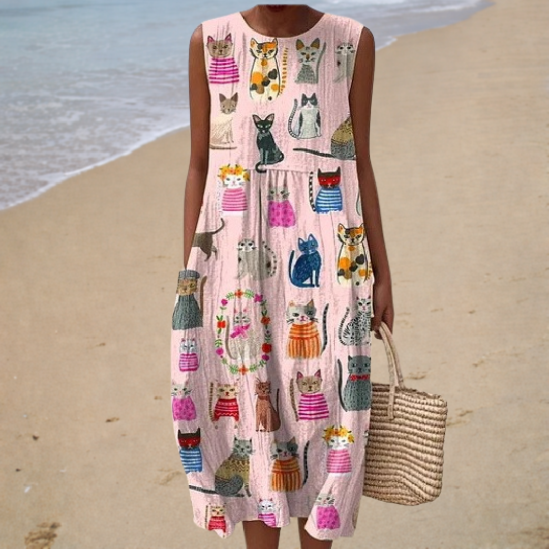 Philomena Cat Print Midi Dress - Charlotte & Willow