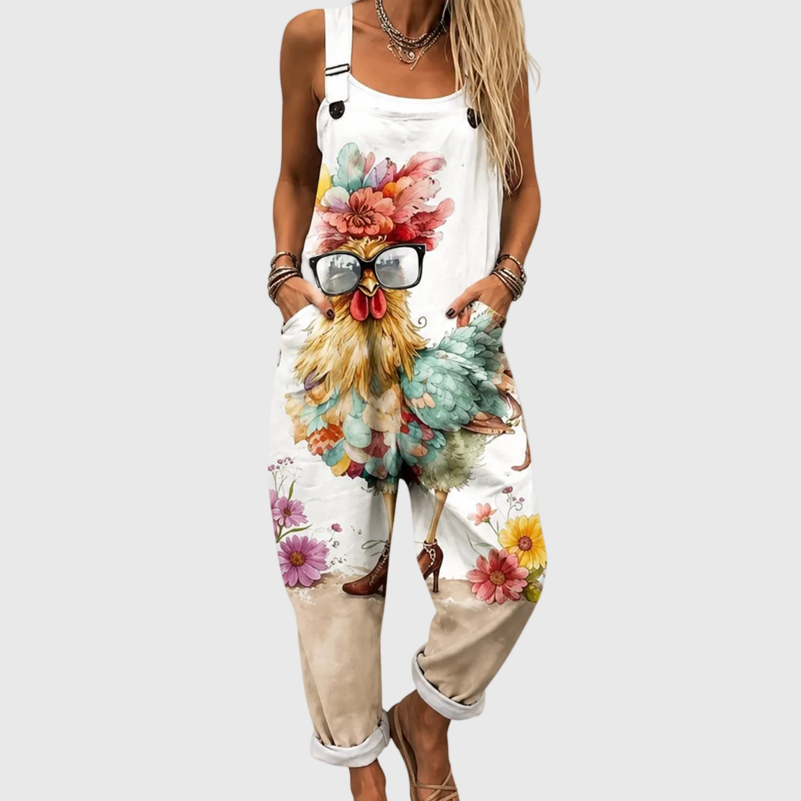 Comfortable Floral Overalls with Chickens - Charlotte & Willow