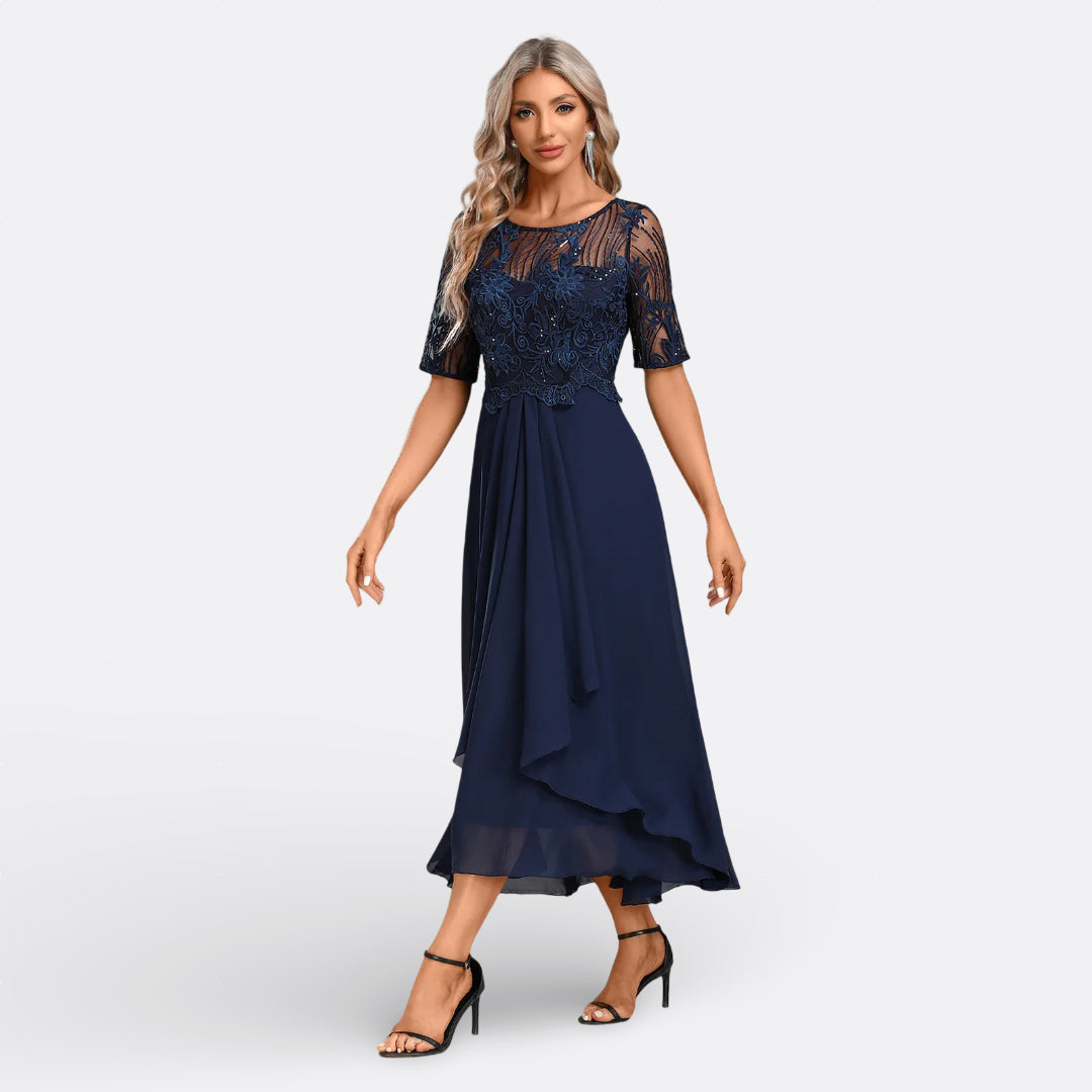 Rita - Elegant Blue Gown - Charlotte & Willow, front