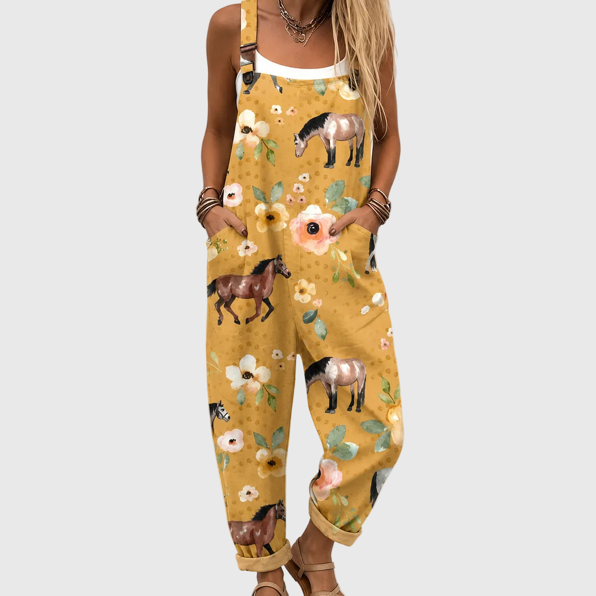 Soft Jumpsuit with Horse and Flower Print - Charlotte & Willow
