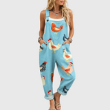 Casual Light Blue Dungarees with Chicken Print - Charlotte & Willow