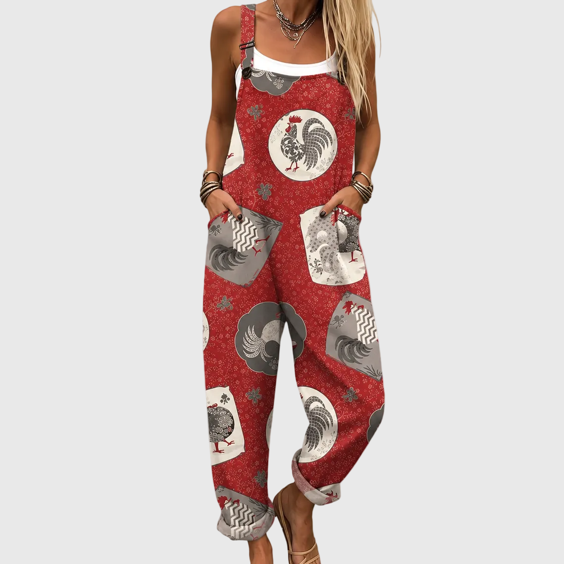 Casual Dungarees with Vintage Rooster Print - Charlotte & Willow