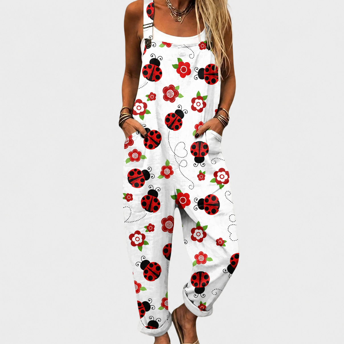 White Ladybug Print Dungarees - Charlotte & Willow