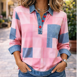 Casual Patchwork Button V-Neck Long Sleeve Top