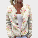 Fresh Pink Flowers and Green Leaves Print | Buttoned Cardigan Sweater