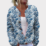 Elegant Blue And White Floral Pattern Print Buttoned Cardigan Sweater
