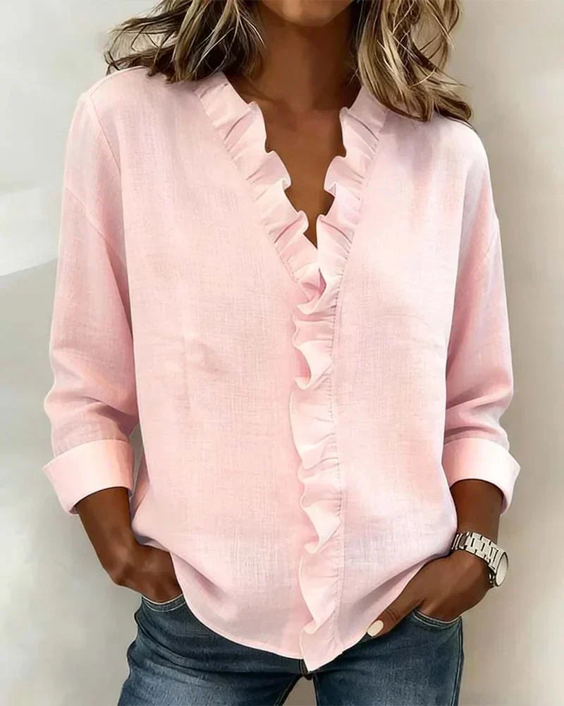 Eleanora | Blouse with Ruffles, V-Neck and Long Sleeves