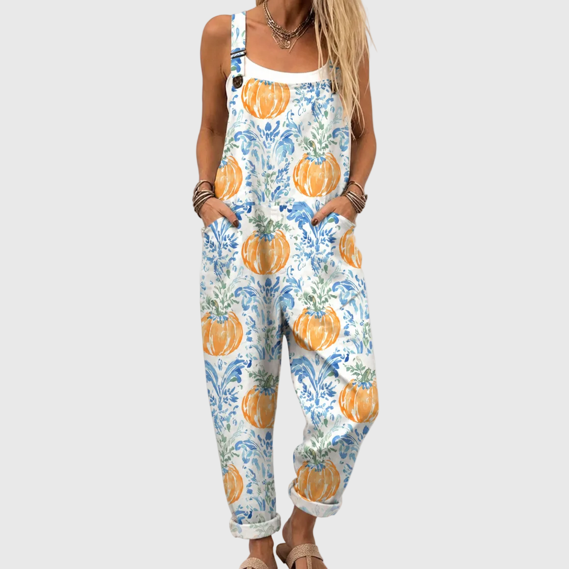 Soft Dungarees with Pumpkins and Blue Floral Patterns - Charlotte & Willow