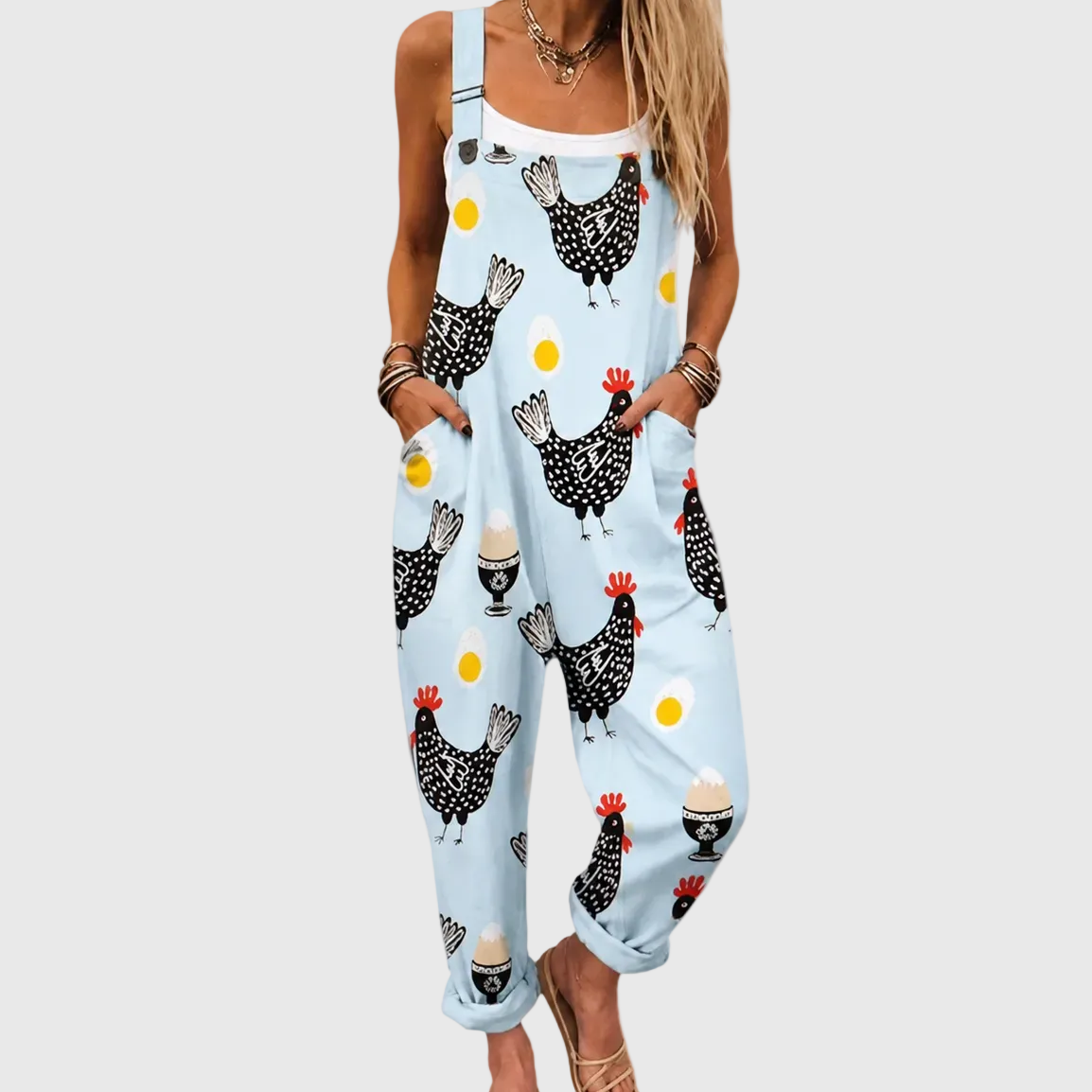 Sky Blue Chicken Print Dungarees - Charlotte & Willow