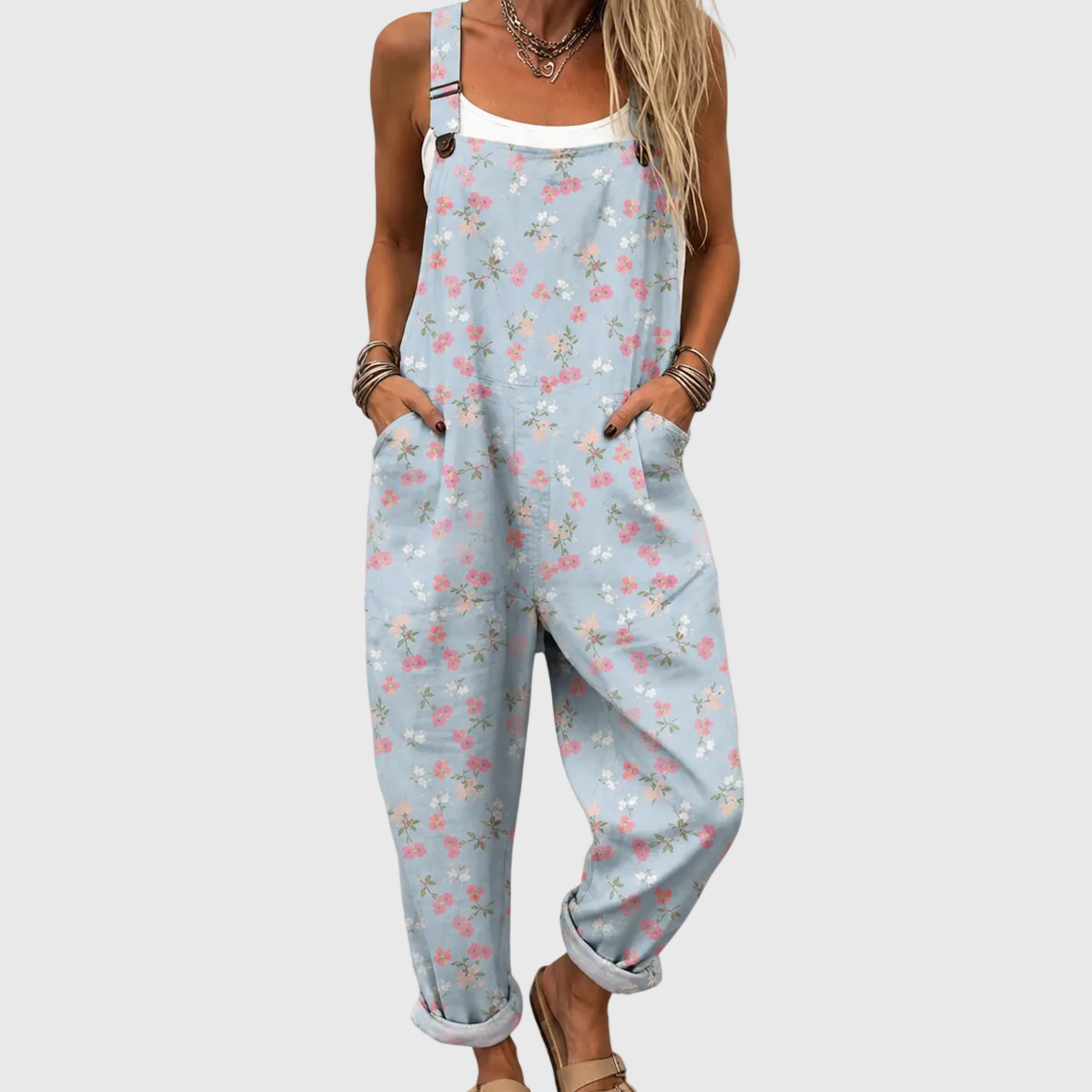 Soft Blue Jumpsuit with Floral Pattern - Charlotte & Willow