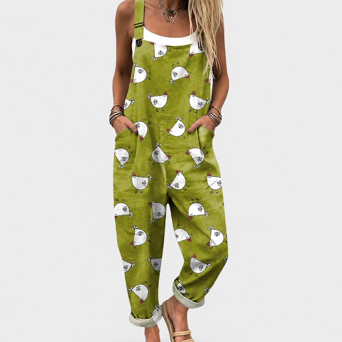 Soft Olive Green Dungarees with Chicken Pattern - Charlotte & Willow