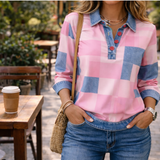Casual Patchwork Button V-Neck Long Sleeve Top