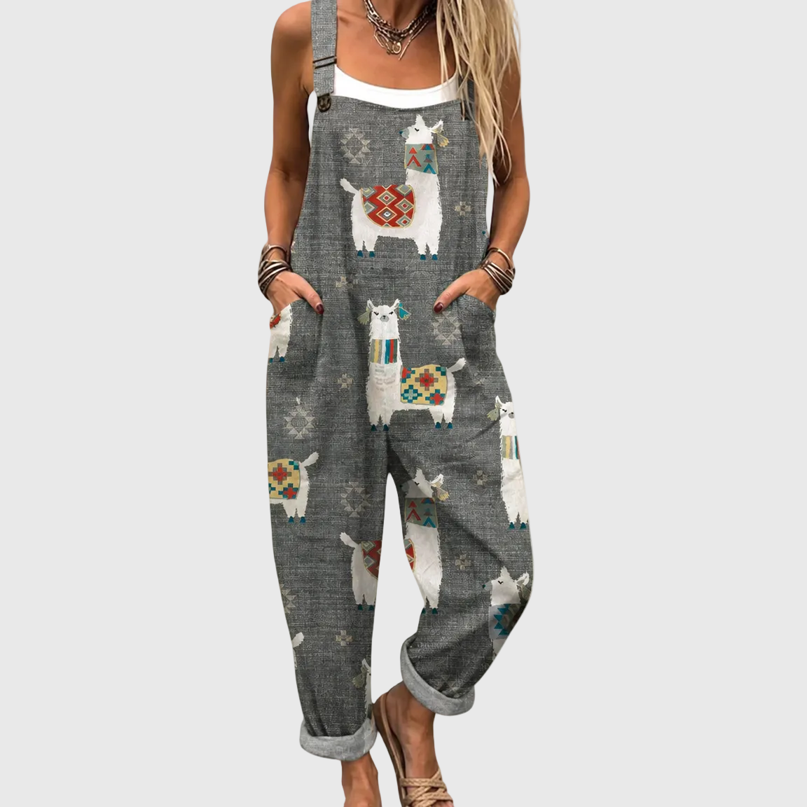 Soft Grey Dungarees with Llama Pattern - Charlotte & Willow