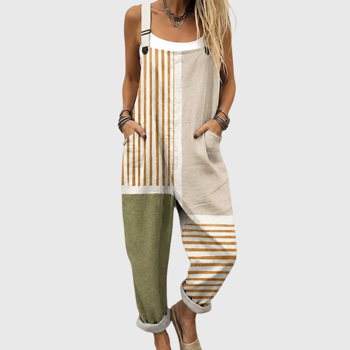 Khaki Stripe Dungarees - Charlotte & Willow