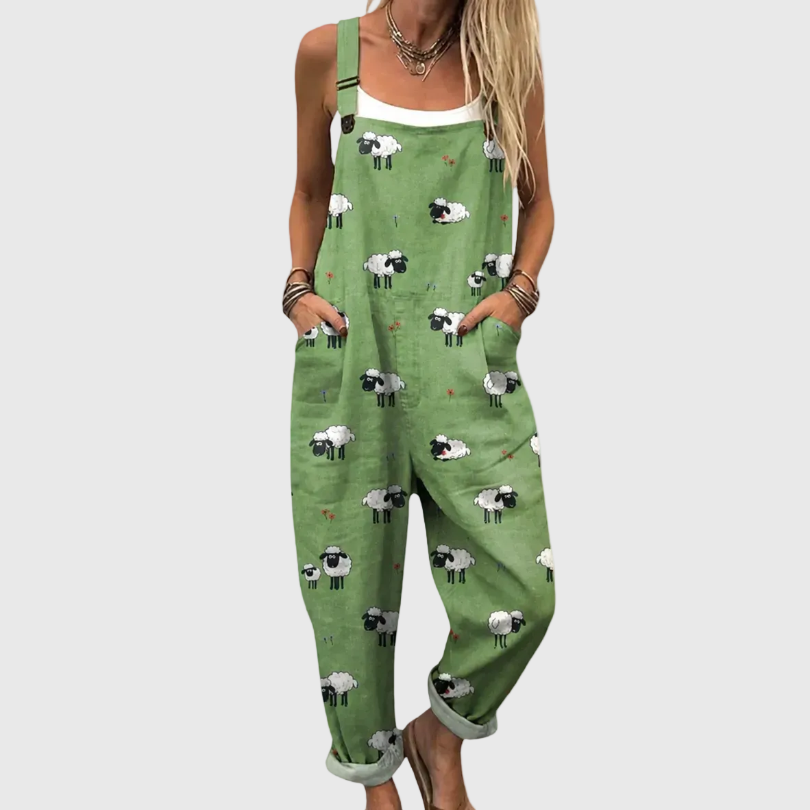 Green Sheep Print Dungarees - Charlotte & Willow